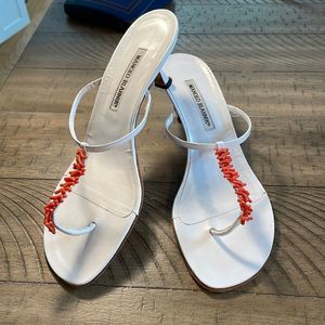 Manolo Blahnik White Sandal Heels with Coral Bead Detail